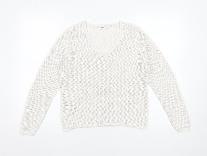 MNG Women's White Cotton Open-Knit V-Neck Jumper Size S