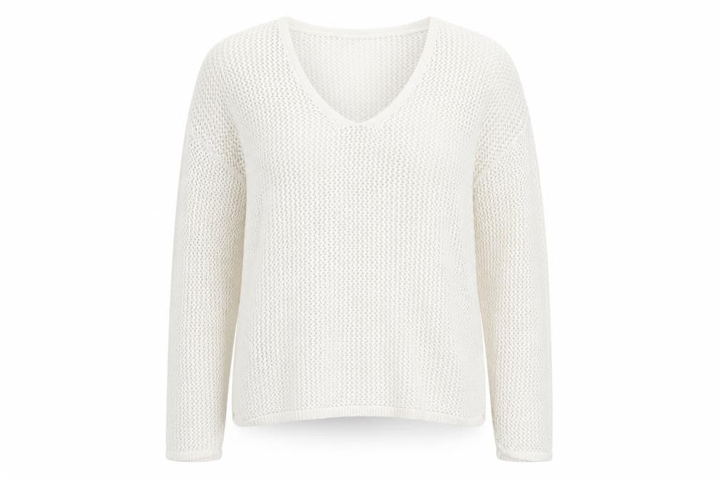 Front view of Mango Women's White Cotton Open-Knit V-Neck Jumper, size S