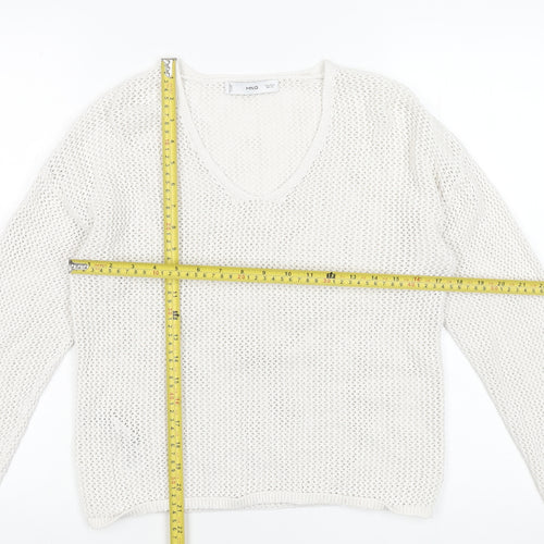 MNG Women's White Cotton Open-Knit V-Neck Jumper Size S