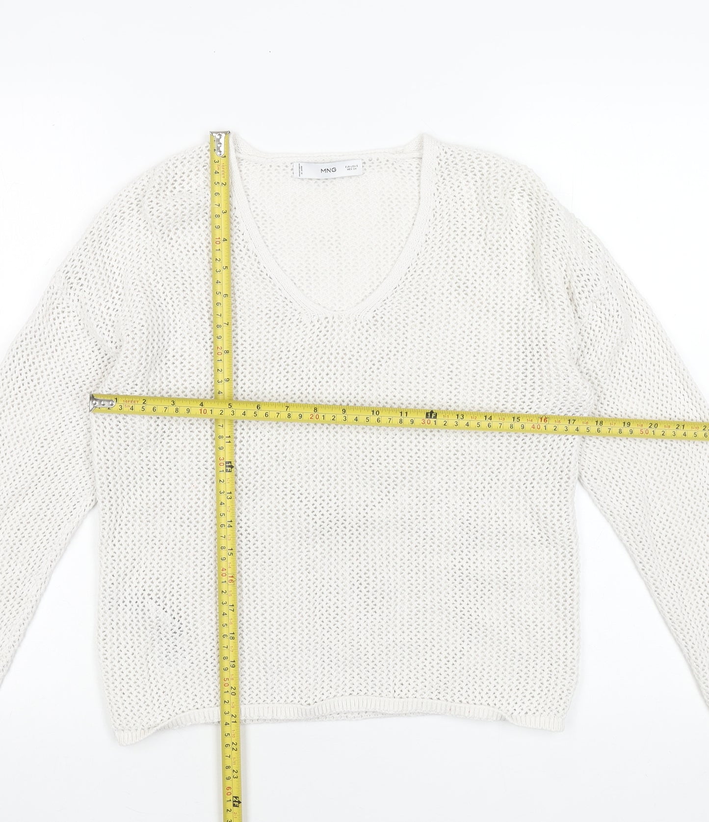 MNG Women's White Cotton Open-Knit V-Neck Jumper Size S