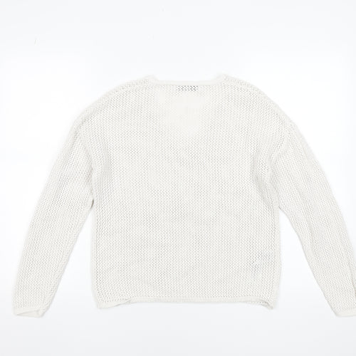 MNG Women's White Cotton Open-Knit V-Neck Jumper Size S