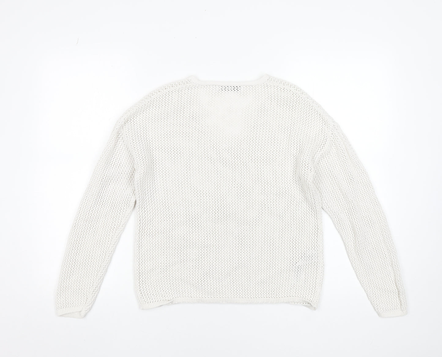 MNG Women's White Cotton Open-Knit V-Neck Jumper Size S