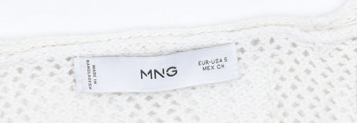 MNG Women's White Cotton Open-Knit V-Neck Jumper Size S