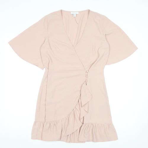 Topshop Women Beige Size 12 Wrap Short Dress Ruffle Hem