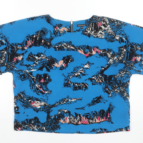 Warehouse Women's Blue Abstract Woven Blouse UK 12 Short Sleeve