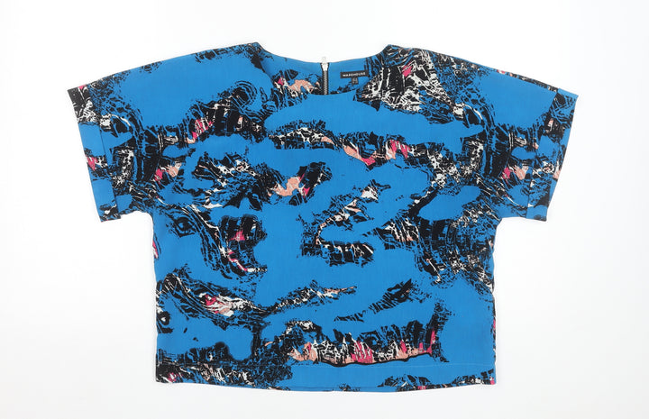 Warehouse Women's Blue Abstract Woven Blouse UK 12 Short Sleeve