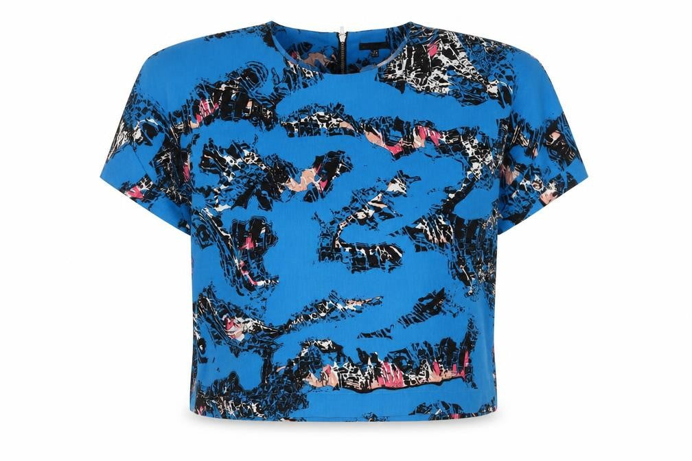 Front view of Warehouse Women's Blue Abstract Woven Blouse UK 12 Short Sleeve