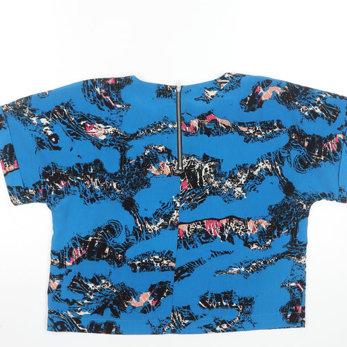 Warehouse Women's Blue Abstract Woven Blouse UK 12 Short Sleeve