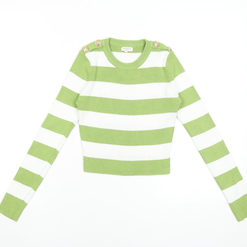 MOOCCI Women Green White Striped Cropped Knit Top S Long Sleeve