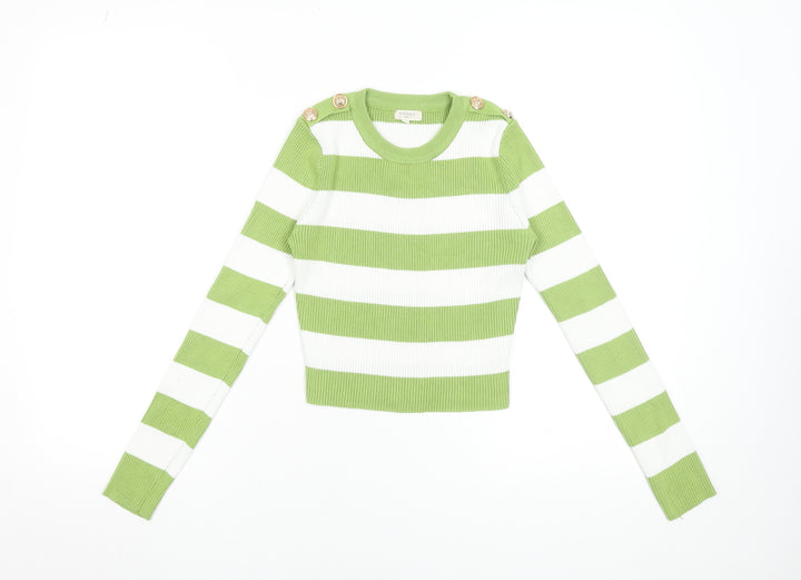 MOOCCI Women Green White Striped Cropped Knit Top S Long Sleeve