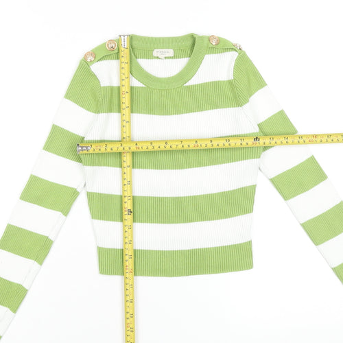 MOOCCI Women Green White Striped Cropped Knit Top S Long Sleeve