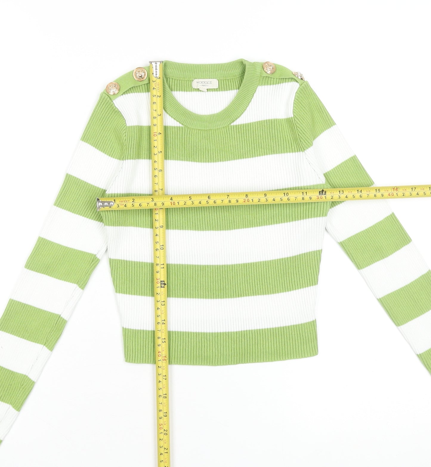 MOOCCI Women Green White Striped Cropped Knit Top S Long Sleeve