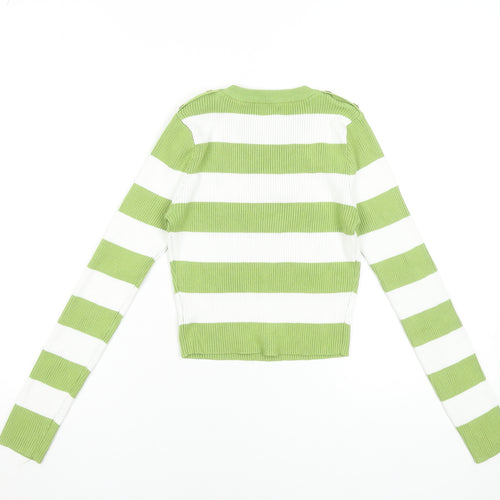 MOOCCI Women Green White Striped Cropped Knit Top S Long Sleeve