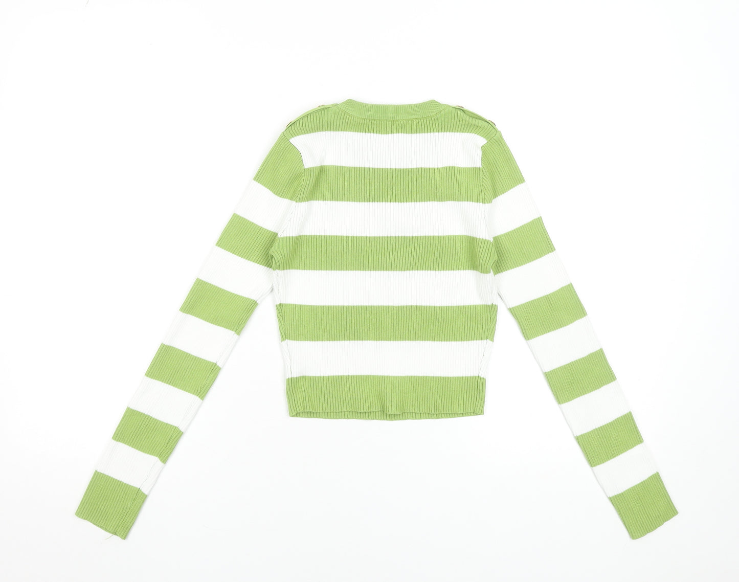 MOOCCI Women Green White Striped Cropped Knit Top S Long Sleeve