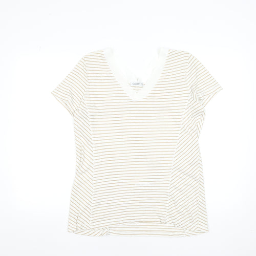 Gallery Women Beige Striped V-Neck Short Sleeve T-Shirt Size 14