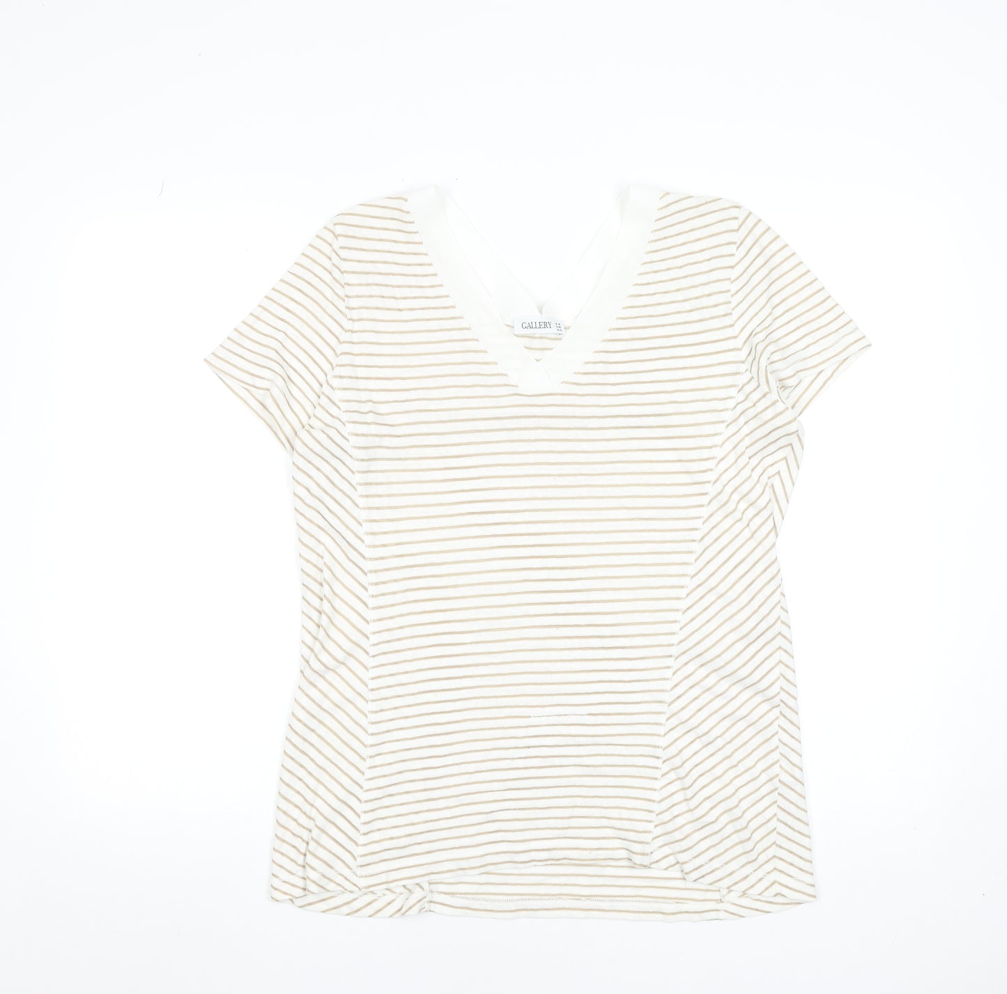 Gallery Women Beige Striped V-Neck Short Sleeve T-Shirt Size 14