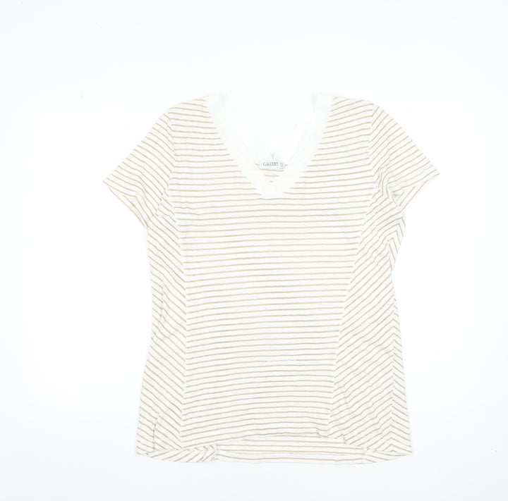 Gallery Women Beige Striped V-Neck Short Sleeve T-Shirt Size 14