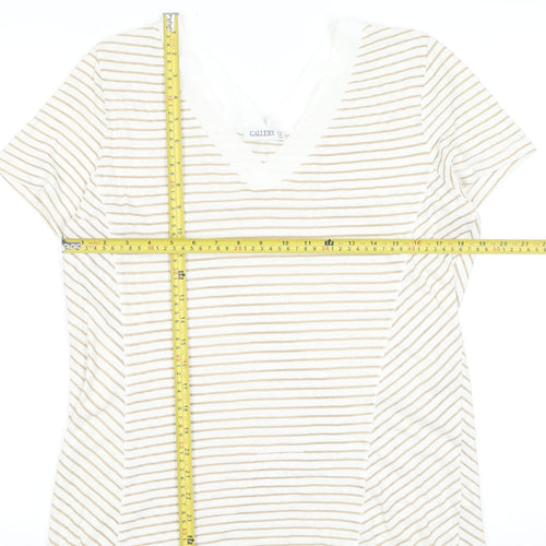 Gallery Women Beige Striped V-Neck Short Sleeve T-Shirt Size 14