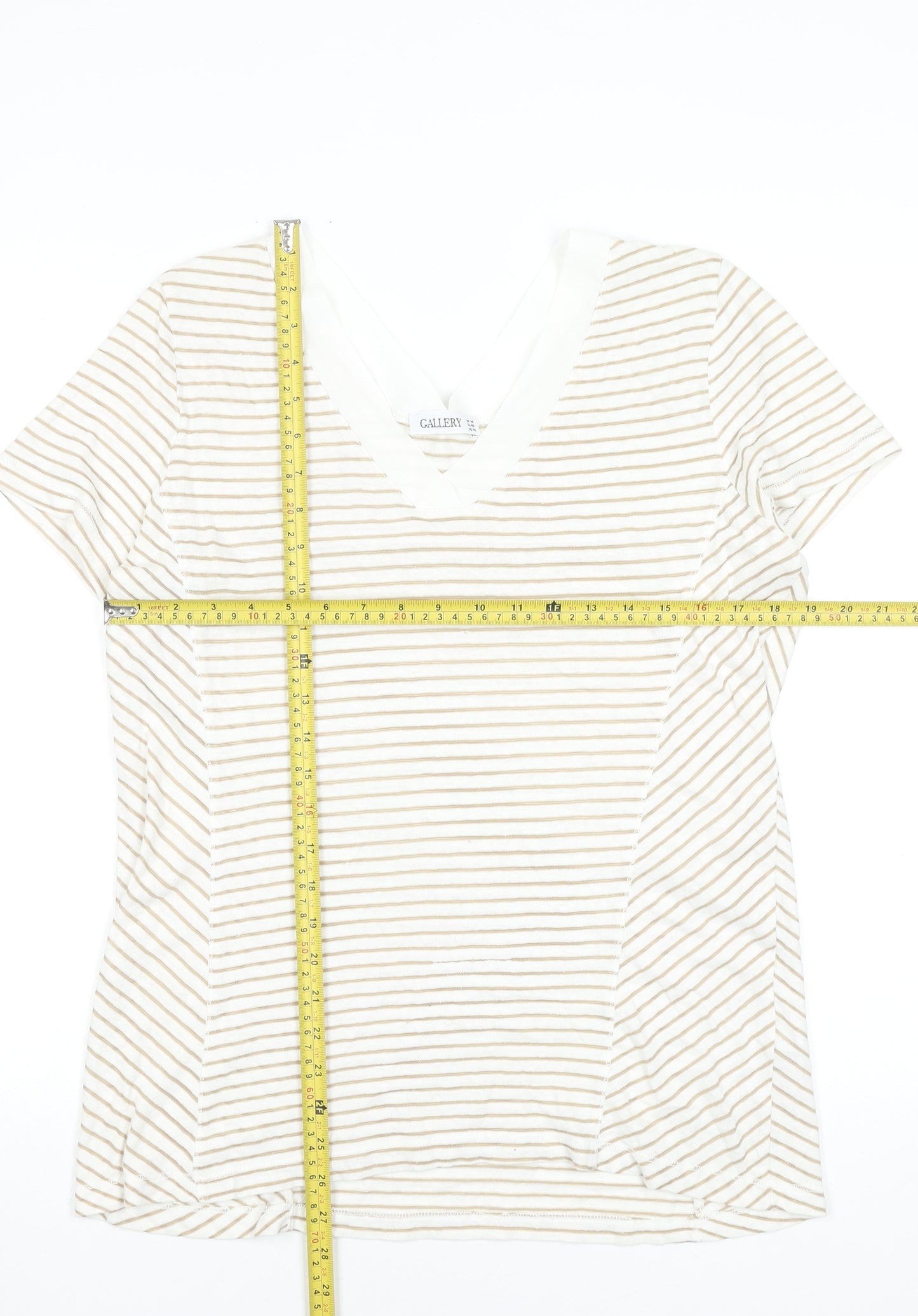 Gallery Women Beige Striped V-Neck Short Sleeve T-Shirt Size 14