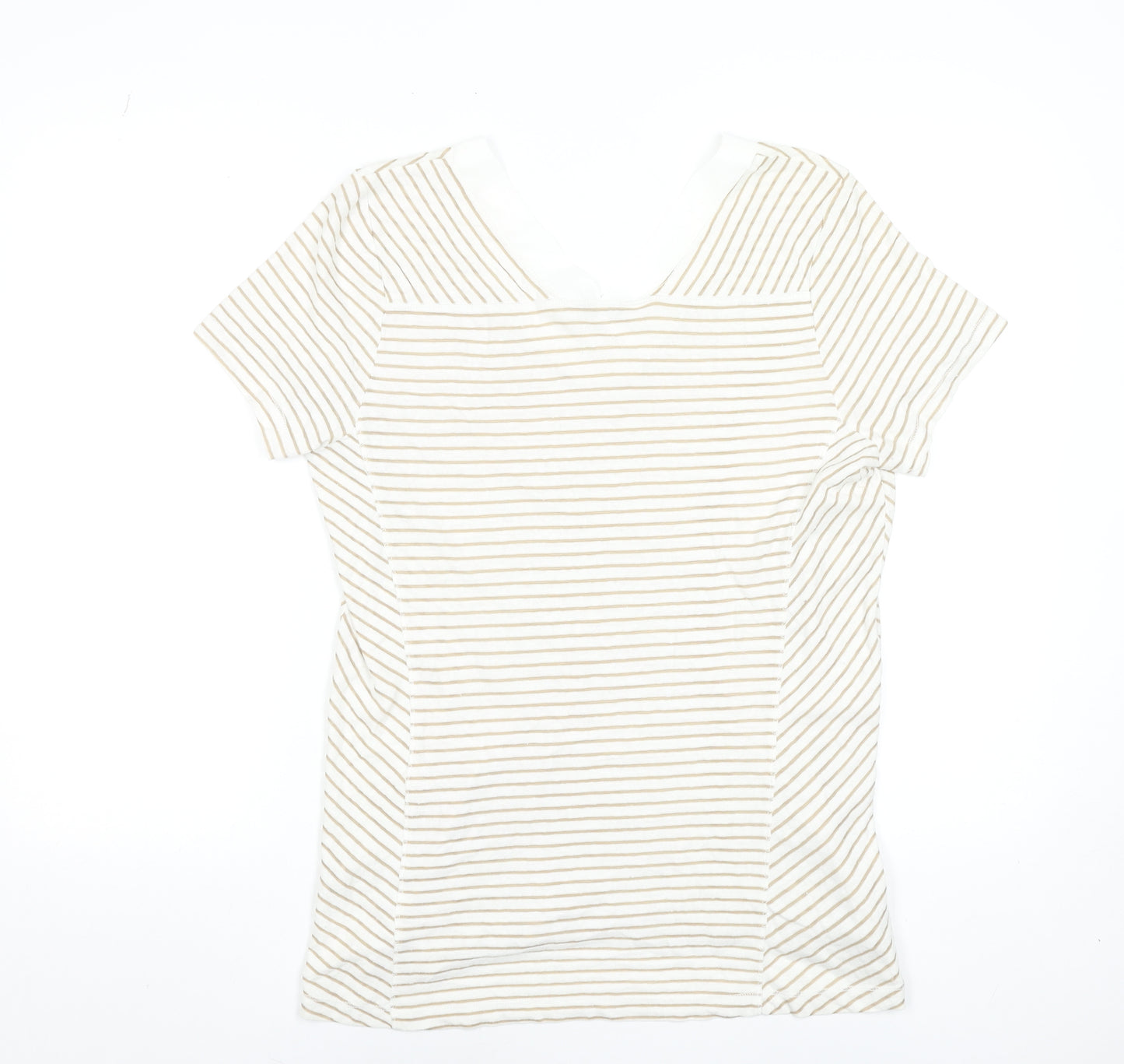 Gallery Women Beige Striped V-Neck Short Sleeve T-Shirt Size 14