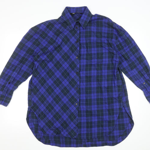 Zara Womens Blue Check Button-Up Long Sleeve Shirt XS Cotton