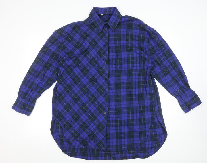 Zara Womens Blue Check Button-Up Long Sleeve Shirt XS Cotton