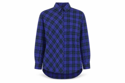 Front view of Zara women’s blue check button-up long sleeve shirt xs cotton