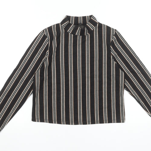 River Island Petite Women's Black Striped Mock Neck Cropped Blouse Size 12