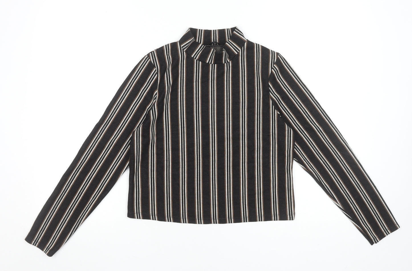 River Island Petite Women's Black Striped Mock Neck Cropped Blouse Size 12