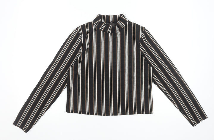 River Island Petite Women's Black Striped Mock Neck Cropped Blouse Size 12