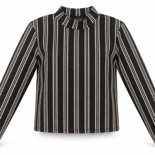 River Island Petite Women's Black Striped Mock Neck Cropped Blouse Size 12