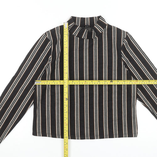 River Island Petite Women's Black Striped Mock Neck Cropped Blouse Size 12