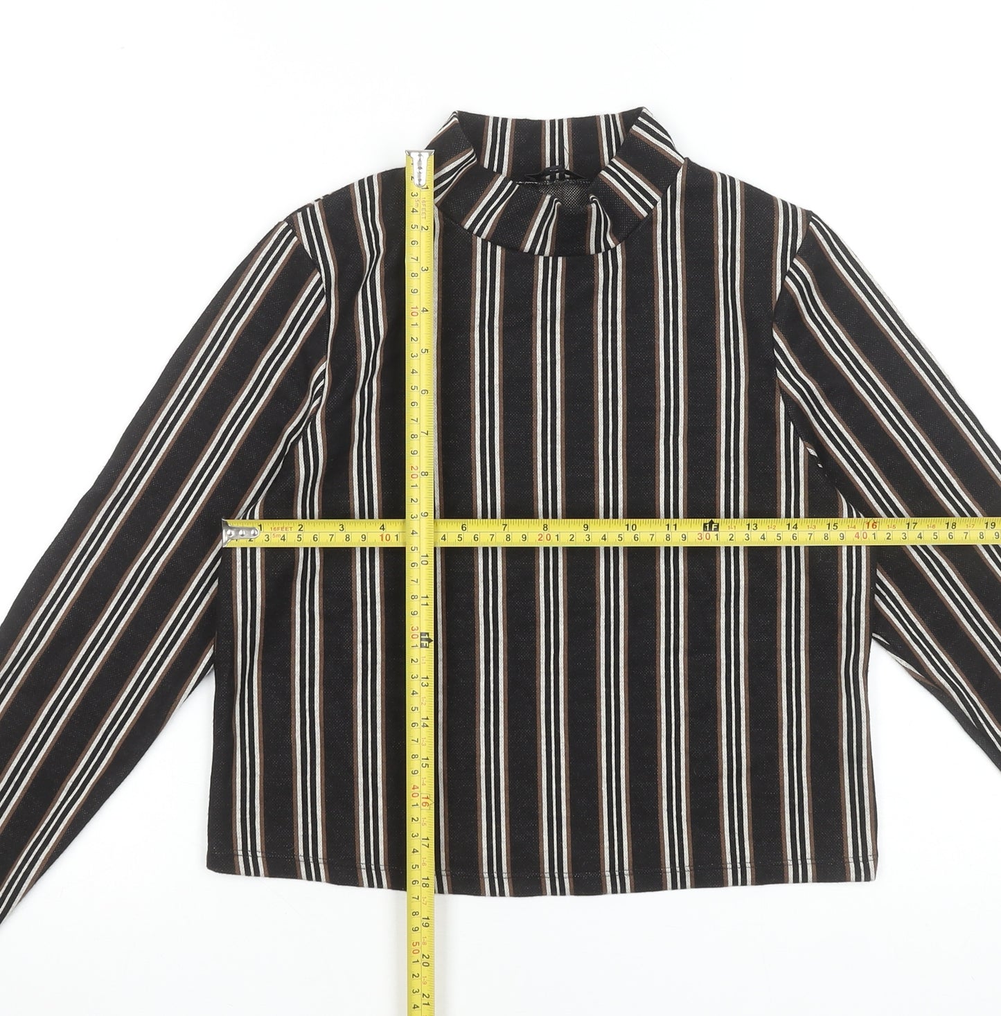 River Island Petite Women's Black Striped Mock Neck Cropped Blouse Size 12