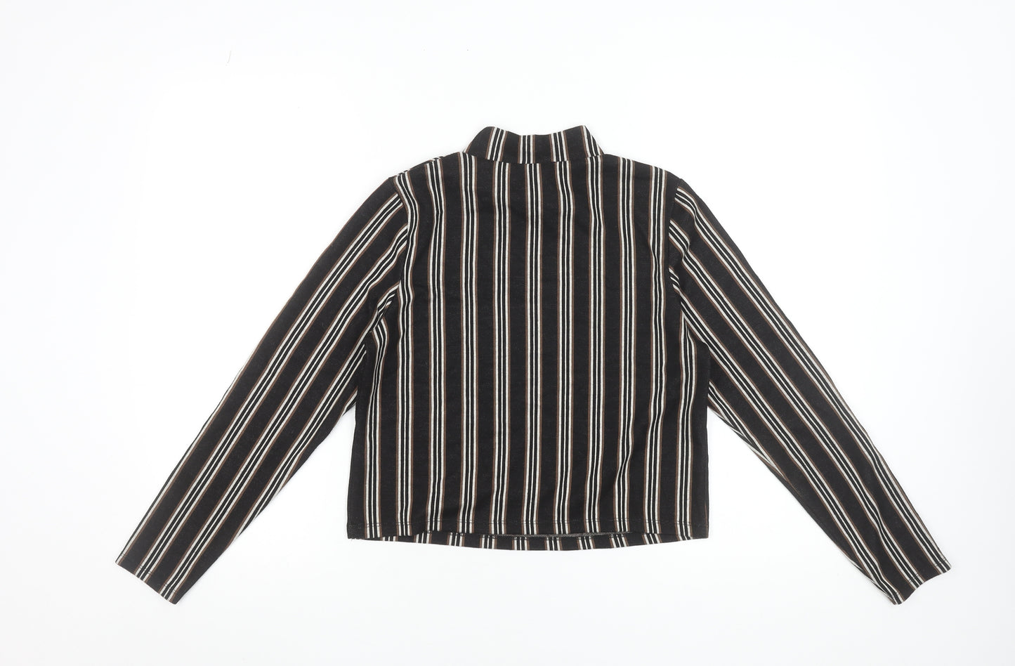 River Island Petite Women's Black Striped Mock Neck Cropped Blouse Size 12