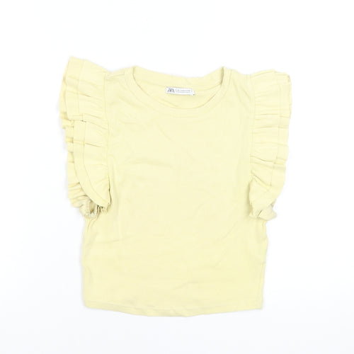 Zara Women Yellow Cropped Ruffle Sleeveless Cotton T-Shirt M