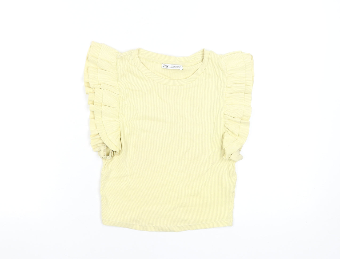 Zara Women Yellow Cropped Ruffle Sleeveless Cotton T-Shirt M