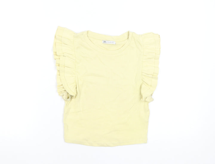 Zara Women Yellow Cropped Ruffle Sleeveless Cotton T-Shirt M