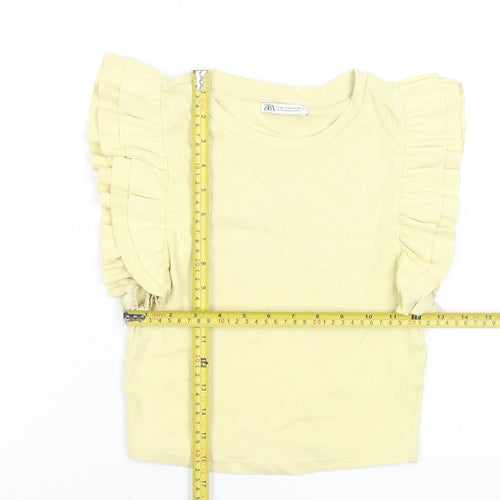 Zara Women Yellow Cropped Ruffle Sleeveless Cotton T-Shirt M