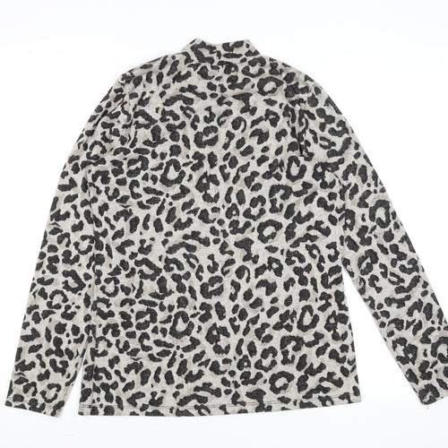 Oasis Womens Grey Leopard Print Mock Neck Long Sleeve Top Size S