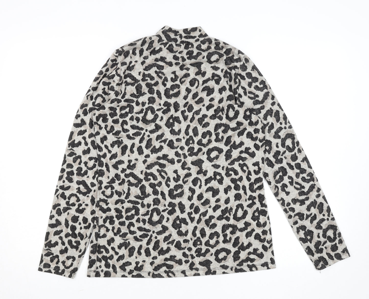Oasis Womens Grey Leopard Print Mock Neck Long Sleeve Top Size S