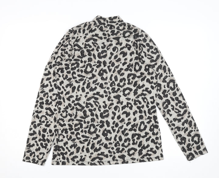 Oasis Womens Grey Leopard Print Mock Neck Long Sleeve Top Size S