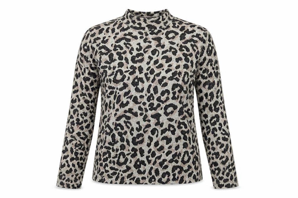 Front view of Oasis women’s grey leopard print mock neck long sleeve top, size S