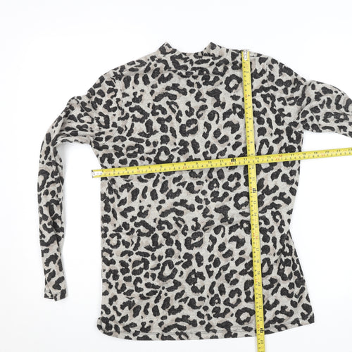 Oasis Womens Grey Leopard Print Mock Neck Long Sleeve Top Size S