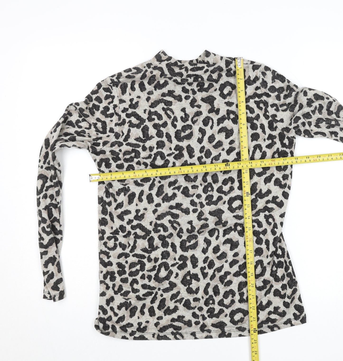 Oasis Womens Grey Leopard Print Mock Neck Long Sleeve Top Size S