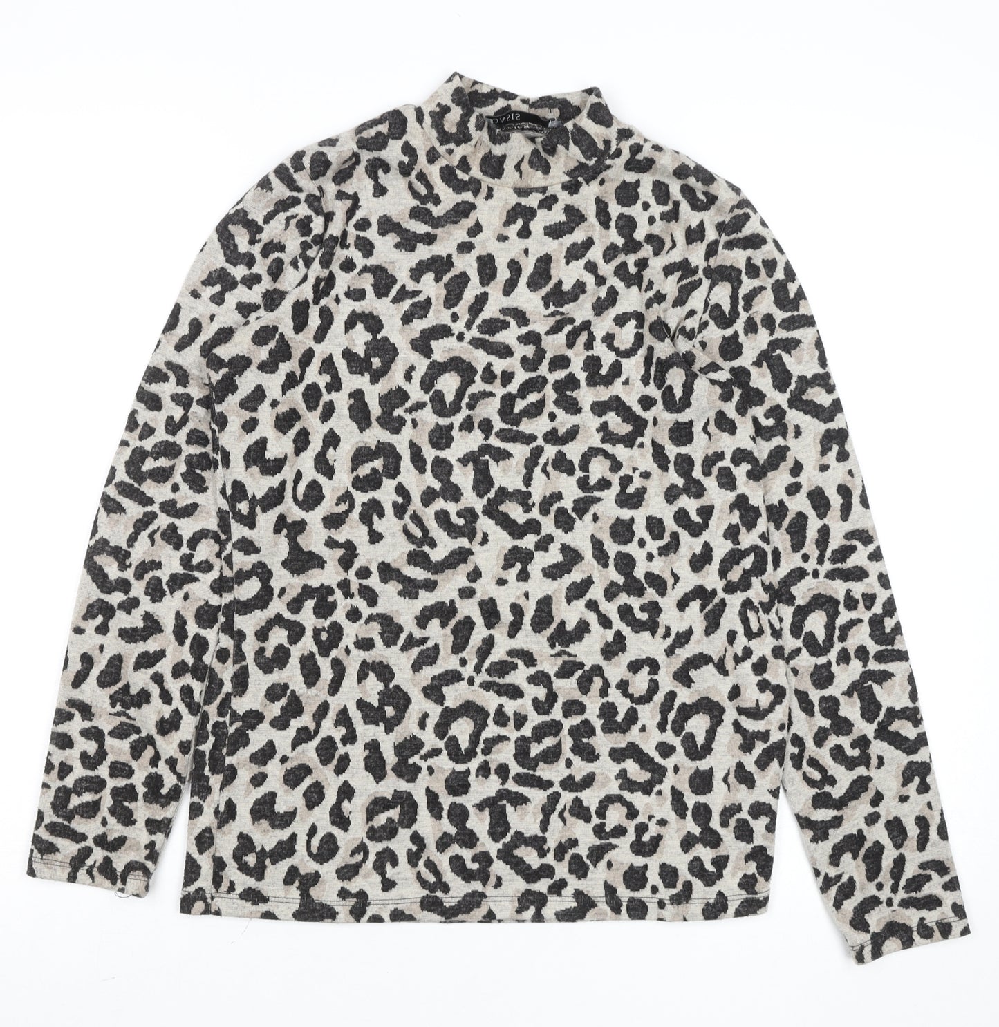 Oasis Womens Grey Leopard Print Mock Neck Long Sleeve Top Size S