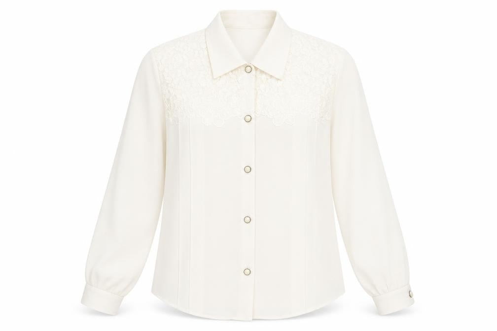 Front view of Vision women’s ivory lace panel long sleeve polyester blouse, size UK 14