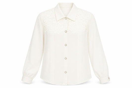 Front view of Vision women’s ivory lace panel long sleeve polyester blouse, size UK 14