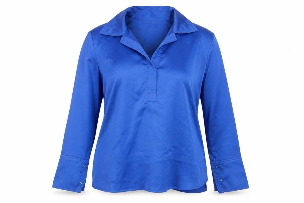 Front view of Gallery Women Blue UK 14 Collared Long Sleeve Polyester Blouse