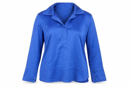 Front view of Gallery Women Blue UK 14 Collared Long Sleeve Polyester Blouse