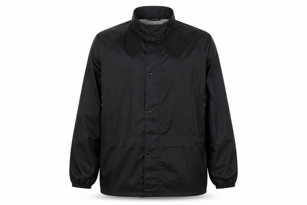 Front view of Footpath Men's Black Waterproof Windbreaker Jacket, size M, Outdoor PVC